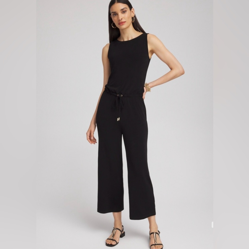 Chico’s Travelers Wide Leg Cropped Jumpsuit 3 US XL Black Drawstring Sleeveless‎